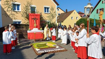 Bild: lg
Pfarrer Alfons Kaufmann trägt am ersten Altar das Evangelium vor. „Mit Jesus im Boot“ lautet der Spruch im kunstvollen Blumenteppich der Kolpingfamilie.