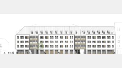 Grafik: EVH Architekten Amberg
Die geplante Bebauung auf dem Amberger Bürgerspital-Areal vom Spitalgraben aus gesehen. Links am Rand ist das Ring-Theater zu erkennen, rechts der Anschluss an das sogenannte Eckert-Gebäude.