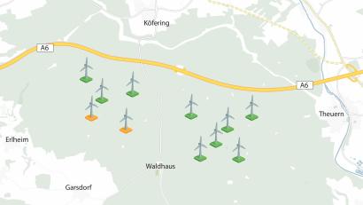 Bild: Franke Eichl/Oberpfalz-Medien
So sieht der Lageplan des Windparks aus. Die grün markierten Windräder stehen auf dem Gemeindegebiet von Kümmersbruck, die beiden orange markierten auf Ursensollener Seite.