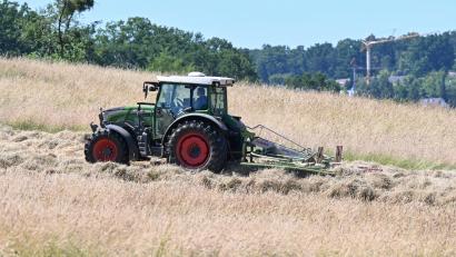 Symbolbild: Bernd Weißbrod/dpa
Ein Traktor mit Anhänger wie dieser kippte nach einem Überholmanöver bei Pfreimd um. Der Unfallverursacher flüchtete.