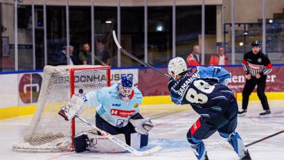 Bild: Werner Moller
Zack und ab ins kurze Eck: Noah Samanski erzielt in dieser Situation das zwischenzeitliche 2:0 für die Blue Devils Weiden im Testspiel am Samstagabend gegen die Heilbronner Falken.