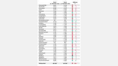 Grafik: Oberpfalz-Medien – Quelle: Landratsamt Neustadt/WN
Nach vier Jahren mit Zuwächsen sind die Einwohnerzahlen im Landkreis Neustadt/WN erstmals leicht zurückgegangen. Zum Stichtag 31. Dezember 2024 lagen sie bei 96.049.
