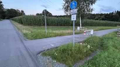 Bild: ck
Hier sollten Autofahrer und auch Radler unbedingt langsam fahren: Auf dem Bocklweg bei Waldau kreuzt der Radweg die Straße (links) nach Untertresenfeld. Das hohe Maisfeld verhindert den Blick auf die Straße beziehungsweise den Bocklweg. Ein Flügel der Schranke ist offen, um damit auch Radfahrern mit Anhängern das Passieren zu erleichtern. Diese Maßnahme hat jedoch schon zu gefährlichen Situationen geführt.