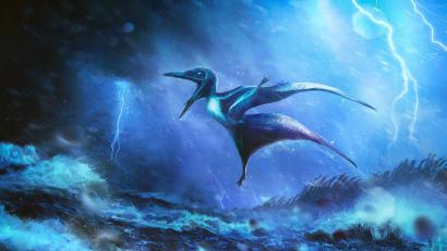 Bild: Rudolf Hima/EurekAlert/dpa
Starke Windböe brechen die zarten Knochen: Künstlerische Darstellung eines kleinen Pterodactylus-Babys in einem Tropengewitter.