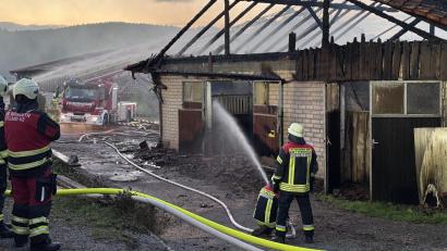 Bild: Stephan Fricke/News5/dpa
Die Feuerwehr bei Löscharbeiten an einer Reithalle.