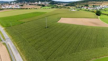 Bild: hbe
Ein Strommast steht da, aber es gibt keinen Solarpark in der Nähe: Hier, zwischen Amberg (hinten links), Krumbach (hinten rechts) und Moos, will die Firma Greenovative eine große Batteriespeicheranlage für erneuerbare Energie bauen.