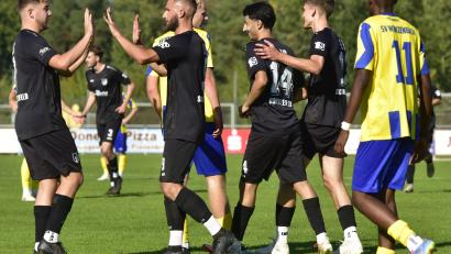 Bild: ham
Die Schwarzenfelder Spieler feiern eines ihrer vier Tore: Gegen den bis dato ungeschlagenen SV Wenzenbach gelang ein 4:1-Heimsieg.