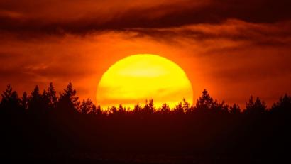 Bild: Patrick Pleul/dpa
Farbenprächtig leuchtet der Sonnenuntergang hinter einem Waldgebiet im östlichen Brandenburg.