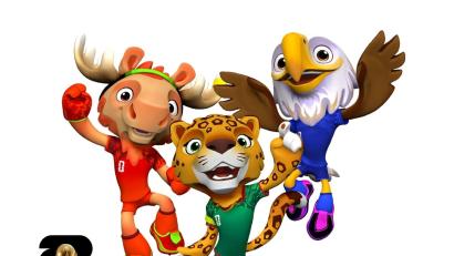 Bild: FIFA/dpa
Maple der Elch (l), Zayu der Jaguar (M) und Clutch der Weißkopfseeadler (l) sind die Maskottchen der Fußball-WM 2026.
