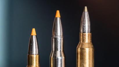 Symbolbild: Silas Stein/dpa
Jagdpatronen im Kaliber 308 Winchester (l-r), 30-06 Springfield und 300 Winchester Magnum stehen bei einem Jäger auf einem Waffenschrank.