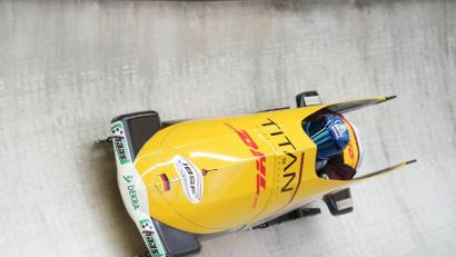 Bild: Andrew Medichini/AP/dpa
Johannes Lochner und Georg Fleischhauer beim ersten Zweierbob-Rennen auf der neuen Olympia-Bahn in Cortina d'Ampezzo.