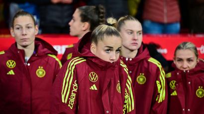 Bild: Sebastian Christoph Gollnow/dpa
Banger Blick: Kapitänin Giulia Gwinn hofft nach dem verlorenen Nations-League-Finale auf eine Heim-EM 2029.