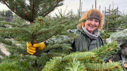 Bild: Petra Hartl
Ist eine fränkische Frohnatur und bezeichnet sich als ein "echts Laffer Bimberla": Petra Haubner verkauft seit 2020 am Rewe-Parkplatz neben dem Dultplatz Christbäume aus Nabburg. Sie habe viele Stammkunden, sagt sie.