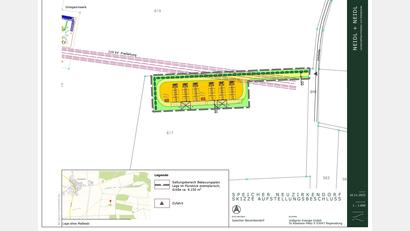 Grafik: Landschaftsarchitekturbüro Neidl + Neidl
Der Bauherr "Voltgrün Energie" plant bei Neuzirkendorf die Errichtung eines Großbatteriespeichers. Eine erste Planungsskizze liegt der Marktgemeinde bereits vor. Mit einem Aufstellungsbeschluss für einen vorhabenbezogenen Bebauungsplan brachte der Marktgemeinderat die Bauleitplanung auf den Weg.