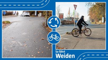 Bildmontage: Marina Gube
Am Kreisverkehr beim Obi an der Regensburger Straße können Radfahrer auf den Gehweg wechseln, allerdings ist die Markierung, die dies anzeigt, unzureichend.