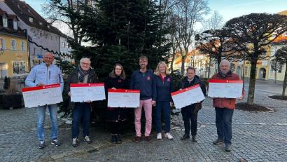 Bild: Rosen-Apotheke
Die Vohenstraußer Apotheken überreichen Spenden an wohltätige Organisationen. Im Bild sind (von rechts nach links): Herbert Putzer, Kinderkrebshilfe; Dekan Alexander Hösl, katholische Kirche; Regina und Franz Wolf, Stadt-Apotheke; Pfarrerin Carmen Riebl, evangelisch-lutherische Kirchengemeinde, Thomas Ebnet, „Hoffnung für Menschen“, und Martin Wolf, Stadt-Apotheke, der die Spende für „Apotheker Helfen“ entgegennimmt.