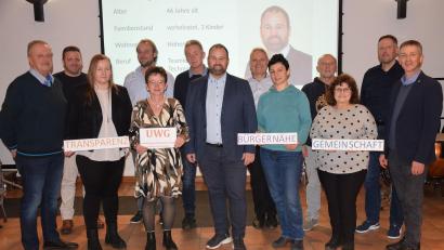 Bild: bö
Mit einer strukturierten Liste wirbt die Unabhängige Wählergemeinschaft Hohenburg (UWG) bei der Kommunalwahl um Wählerstimmen. Zum Bürgermeisterkandidaten wurde einstimmig Robert Jung (vorne Bildmitte) gewählt. Dazu gratulierte Wahlleiter und Bürgermeister der Nachbargemeinde Ursensollen Albert Geitner (rechts).