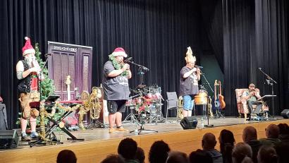 Bild: wel
Seppe Geiger, Matthias Meier, Thomas Hantke und Florian Kuchler (von links) begeisterten als Kabarettquartett "Da Meier und Watschnbaam" die Zuschauer in der Schwarzachtalhalle mit ihrer Weihnachte-Edition "O'ghängt is"