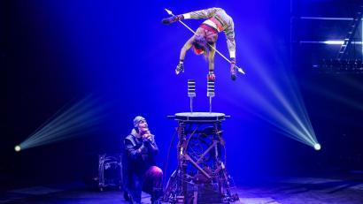 Bild: Christoph Reichwein/dpa
Bei ihrer Darbietung balanciert Silke Pan auf Handstandstützen - und steigt mit den Klötzen immer weiter in die Höhe.