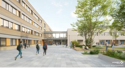 Grafik: Vinci Facilities Solutions GmbH
Die Sophie-Scholl-Realschule (links) ist vierstöckig und über einen Glastrakt mit dem Hauptgebäude samt Aula und Mensa verbunden. So präsentiert der Planer den Neubau.