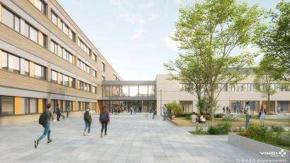 Grafik: Vinci Facilities Solutions GmbH
Die Sophie-Scholl-Realschule (links) ist vierstöckig und über einen Glastrakt mit dem Hauptgebäude samt Aula und Mensa verbunden. So präsentiert der Planer den Neubau.