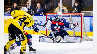 Bild: Tobias Neubert
Unter den Blicken des Team-Präsidenten Stephan Seeger von der Birch-Group ließ Felix Noack nichts durch. Der junge Goalie der Blue Devils Weiden hielt gegen den Spitzenreiter Krefeld Pinguine sein Tor 65 Spielminuten lang sauber. Erst im Penaltyschießen musste er sich einmal geschlagen geben.