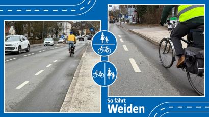 Bildmontage: Marina Gube / Gabi Schönberger
Warum enden in Weiden manche Radwege abrupt, so wie hier der Fahrrad-Schutzstreifen auf der Friedrich-Ebert-Straße stadteinwärts? Diese Frage hat mehrere Leser von Oberpfalz-Medien, die viel mit dem Fahrrad unterwegs sind, beschäftigt.
