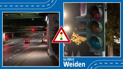 Bildmontage: Marina Gube
Warum stattet die Stadt die Ampelanlagen im Stadtgebiet nicht mit Sensoren aus, die die Rotphasen nachts verkürzen, fragt ein Leser von Oberpfalz-Medien. An manchen Ampeln stehe man nachts unnötig lange, obwohl keine anderen Autos zu sehen sind.