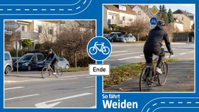 Bildmontage: Marina Gube
Wer auf der Vohenstraußer Straße mit dem Fahrrad stadtauswärts unterwegs ist, sollte frühzeitig die richtige Straßenseite wählen. Denn auf der Seite des Tüv endet der gemeinsame Rad- und Fußweg in Richtung Vohenstrauß.