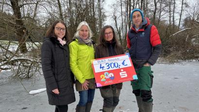 Bild: Sparkasse Amberg-Sulzbach/Kathrin Schmidt
Die Sparkasse Amberg-Sulzbach unterstützt das Naturschutzprojekt Mertelweiher. Über die Spende freuen sich (von links) Vorstandsmitglied Sonja Kalb, Beate May, Michaela Menath und Horst Schwemmer.