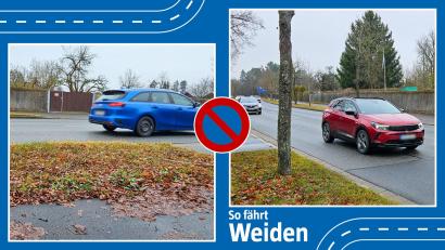 Bildmontage: Marina Gube / Sonja Kaute
Vor den Schrebergärten am nördlichen Ende der Mooslohstraße ist das Parken auf dem Gehweg und am Straßenrand verboten. Manche Gartenbesitzer ärgert das, denn sie haben hier jahrelang unbehelligt geparkt. Doch ein Gewohnheitsrecht gibt es im Straßenverkehr grundsätzlich nicht.