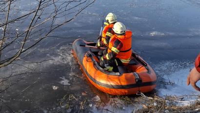 Bild: Feuerwehr Nabburg/Daniel Irlbacher
Die Nabburger Feuerwehr rückte mit einem Schlauchboot an, um den vermeintlich festgefrorenen Schwan zu befreien.