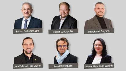 Grafik: Oberpfalz-Medien - Bilder (oben, von links): Bewegter Blick Agentur für Film und Kommunikation GmbH, Wittmann.media,  Fotostudio Hummer Stefan Köstler, Photo Hübner, Christian Gleißner, Die Linke Tirschenreuth.
Sechs Personen bewerben sich um das Amt des Landrats von Tirschenreuth.