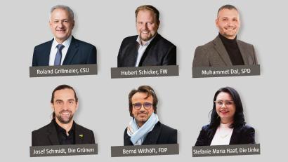 Grafik: Oberpfalz-Medien - Bilder (oben, von links): Bewegter Blick Agentur für Film und Kommunikation GmbH, Wittmann.media,  Fotostudio Hummer Stefan Köstler, Photo Hübner, Christian Gleißner, Die Linke Tirschenreuth.
Sechs Personen bewerben sich um das Amt des Landrats von Tirschenreuth.