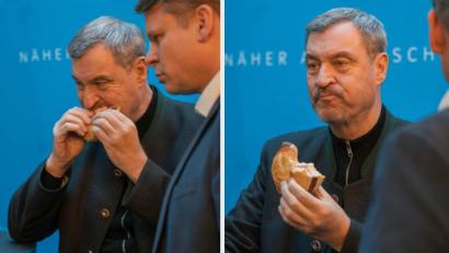 Bild: Marina Gube
Markus Söder ließ sich am Montag im Weidener Markthaus eine Leberkässemmel schmecken.