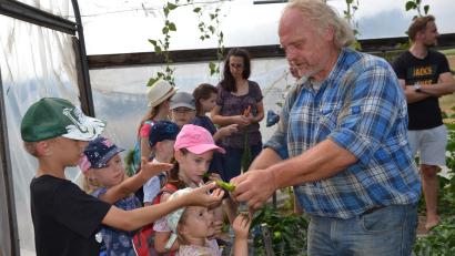 Archivbild: gi
In der Bioland-Gemüsegärtnerei erhalten die Kinder aus den Händen von Fritz Steinhilber leckeres Gemüse zum Probieren.