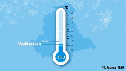 Grafik: Franka Eichl
Am 10. Februar 1956 wurde in Waldsassen im Landkreis Tirschenreuth mit minus 36,3 Grad die niedrigste je in der Oberpfalz gemessene Temperatur erreicht.