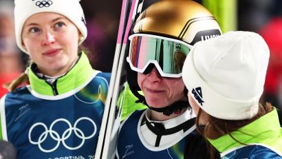 Bild: Daniel Karmann/dpa
Nika Prevc (M) konnte auch im zweiten Einzelspringen nicht Gold gewinnen.