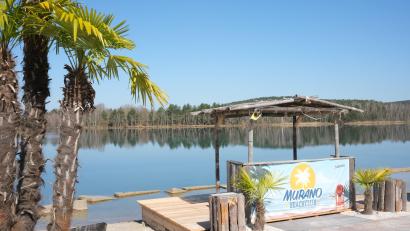Bild: Hirsch
Blick vom Theatron auf den Murner See: Der Palmenstrand weckt Urlaubsgefühle und bietet Karibik-Feeling.