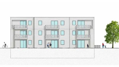 Grafik: Immo-Mac
Die Südansicht des Mehrfamilienwohnhauses in zentraler Lage mit keinen weiten Wegen zum Einkaufen, Schule, Kindergarten, Apotheke, Ärztehaus, Kirche.