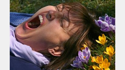 Bild: picture alliance / Karl-Josef Hildenbrand/dpa
Eine Frau liegt auf einer mit Krokussen bewachsenen Wiese und gähnt. (Archivbild)