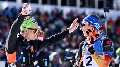 Bild: Martin Schutt/dpa
Sverre Olsbu Röiseland und Franziska Preuß bei der vergangenen WM in der Schweiz. (Archivbild)