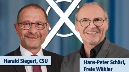 Bildmontage: Oberpfalz-Medien/Bilder: Fotostudio Hummer
Harald Siegert (CSU) und Hans-Peter Schärl (Freie Wähler) treten bei der Stichwahl am Sonntag, 22. März, gegeneinander an. Von SPD und Grünen gibt es eine Wahlempfehlung.