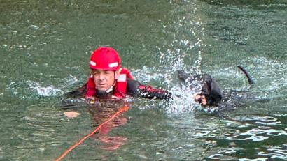 Bild: -/Berufsfeuerwehr München/dpa
Ein speziell ausgebildeter Strömungsretter holte den verunglückten Vierbeiner aus dem Fluss.