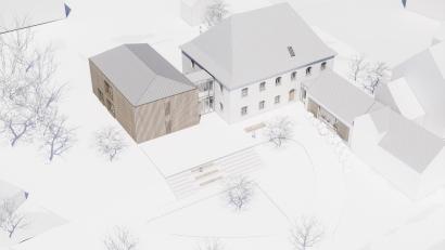 Bild: berschneider+berschneider Architekten BDA+Innenarchitekten
Visualisierung des Hofmarkschlosses von der Vitusstraße aus.