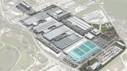 Bild: Siemens AG
Die neue Fabrik (farblich gekennzeichnet) soll auf dem jetzigen Parkplatz vor dem Haupteingang entstehen.