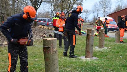 Bild: Kunz
An einem senkrecht befestigten Stamm musste ein fachgerechter Sehnenfallkerb unter Einhaltung des Arbeitsverfahrens und der Unfallverhütungsvorschriften geschnitten werden.
