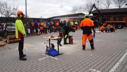 Bild: wel
Der richtige Fällkerbschnitt mussten die Teilnehmer an einem Baumstock demonstrieren.