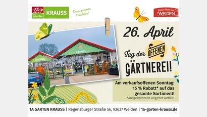 Grafik: 1A Garten Krauss
1A Garten Krauss hat am verkaufsoffenen Sonntag, 16. April 2026, von 10 bis 17 Uhr geöffnet.