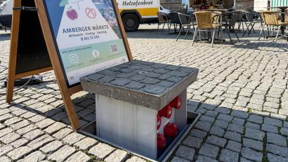 Bild: Petra Hartl
Mit so genannten Senkelektranten wird die Stromversorgung am Bauernmarkt in Amberg gewährleistet.